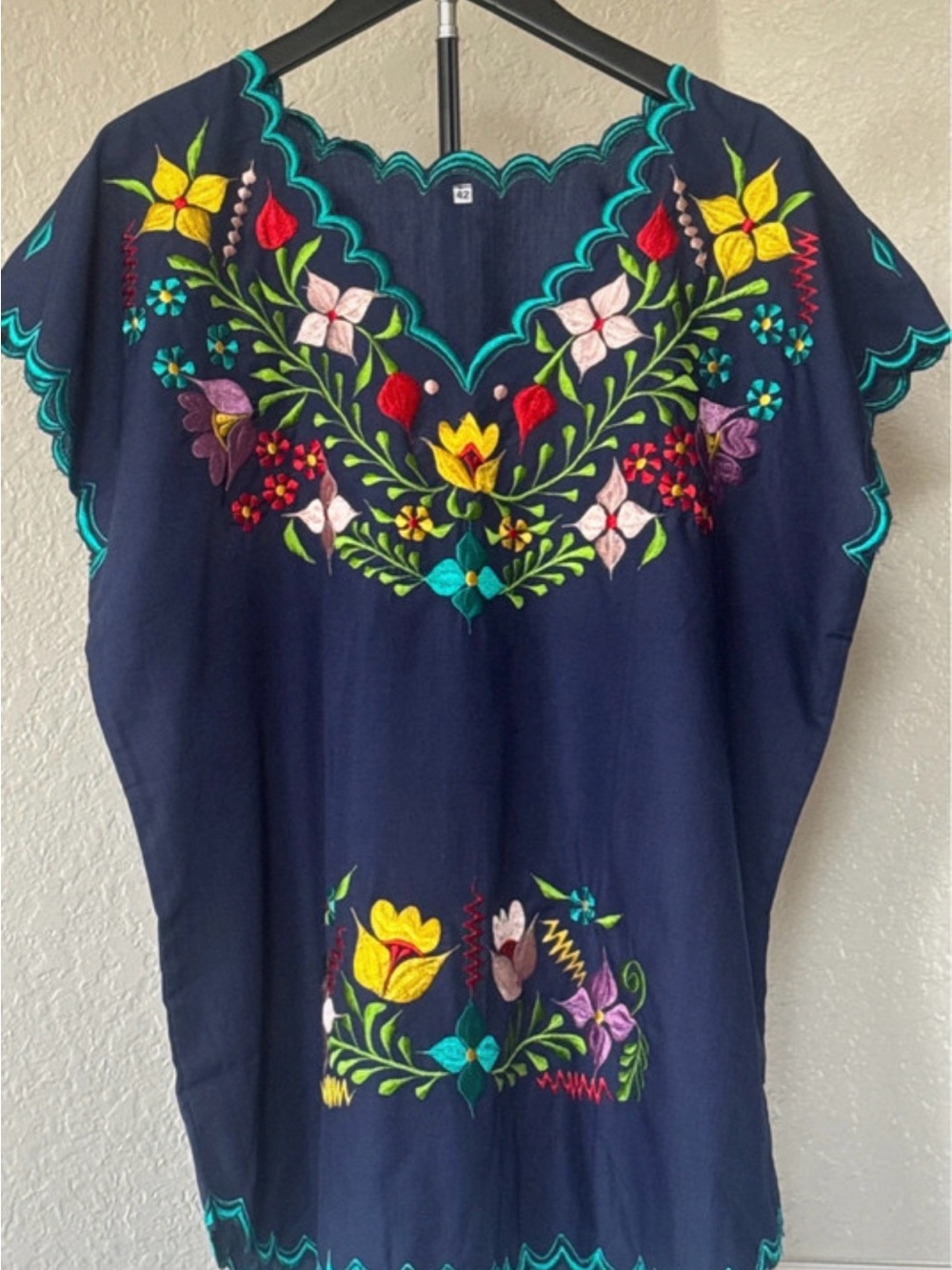 Navy Embroidered Floral Tunic Top